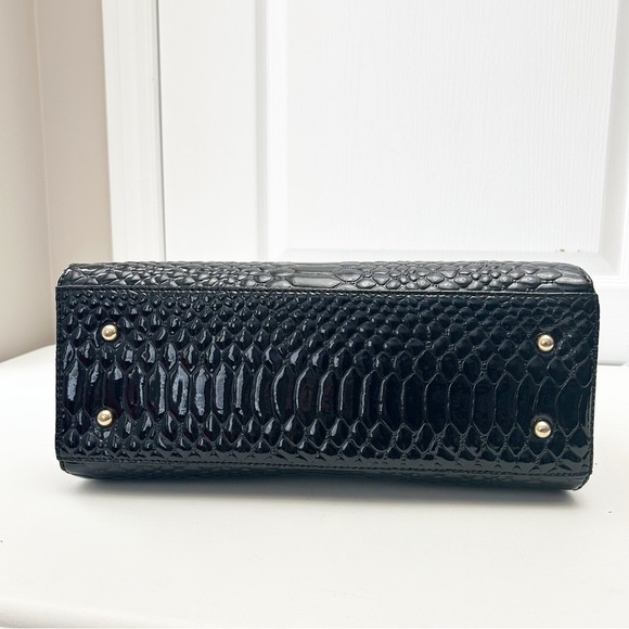 Elegant Black Textured Handbag Purse Structured Shoulder Bag Patent Faux Leather - Picture 6 of 16